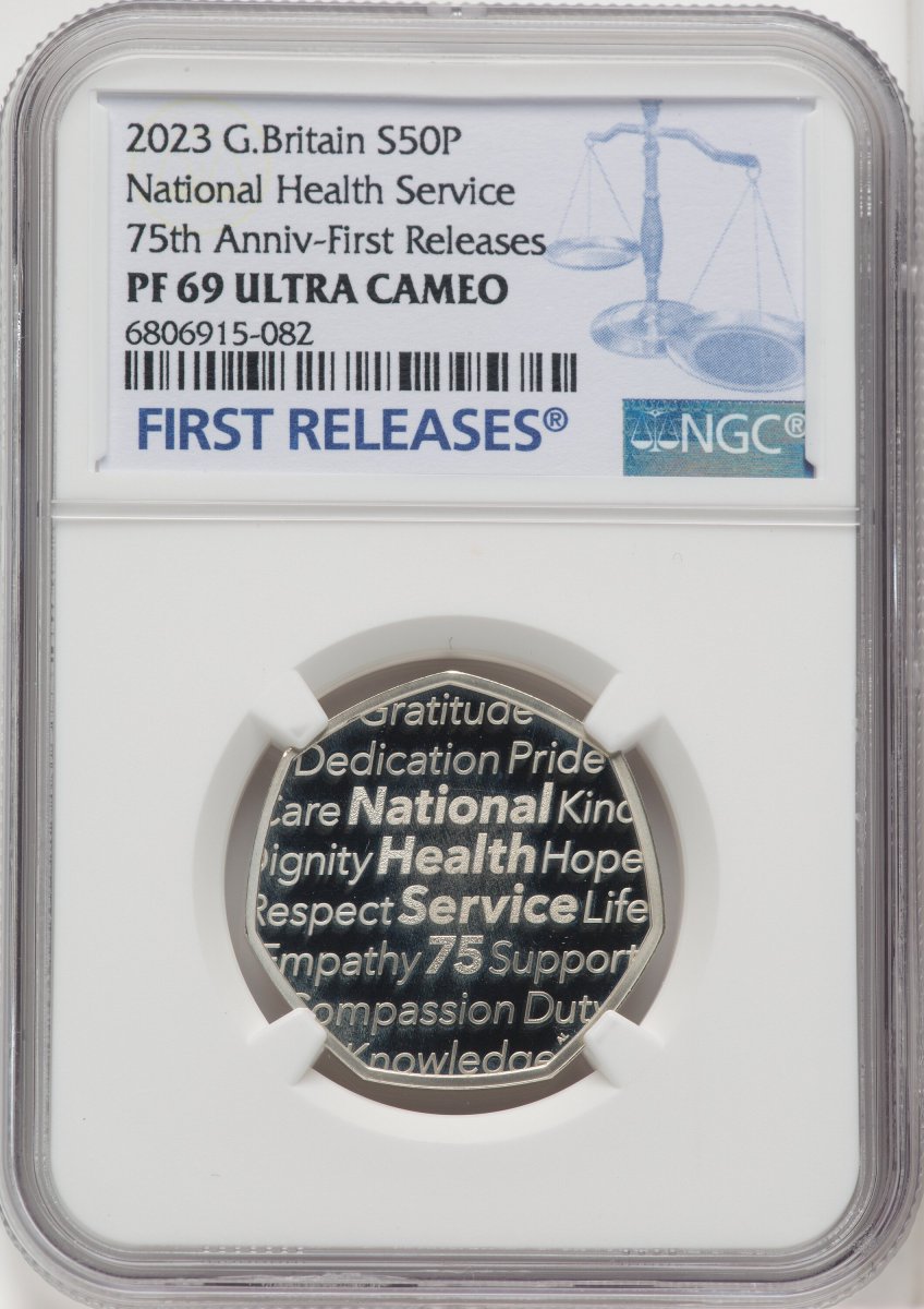 2023 World Coins (Charles III silver Proof “National Health Service – 75th Anniversary” 50 Pence 2023 PR69  Ultra Cameo NGC,)