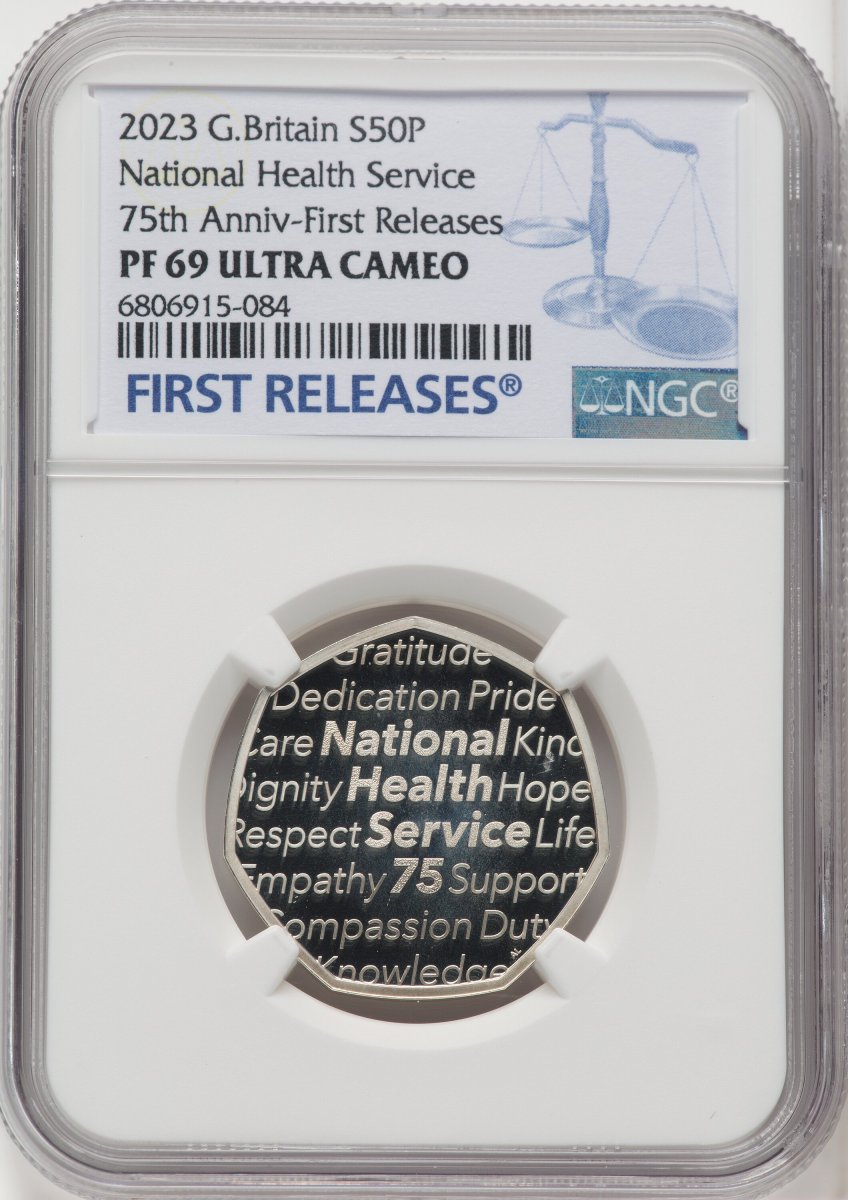 2023 World Coins (Charles III silver Proof “National Health Service – 75th Anniversary” 50 Pence 2023 PR69  Ultra Cameo NGC,)
