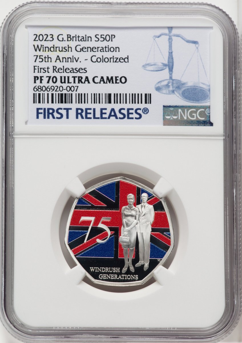 2023 World Coins (Charles III silver Colorized Proof “Windrush Generation – 75th Anniversary” 50 Pence 2023 PR70  Ultra Cameo NGC,)