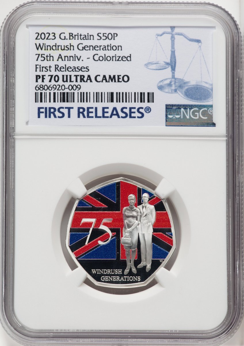 2023 World Coins (Charles III silver Colorized Proof “Windrush Generation – 75th Anniversary” 50 Pence 2023 PR70  Ultra Cameo NGC,)