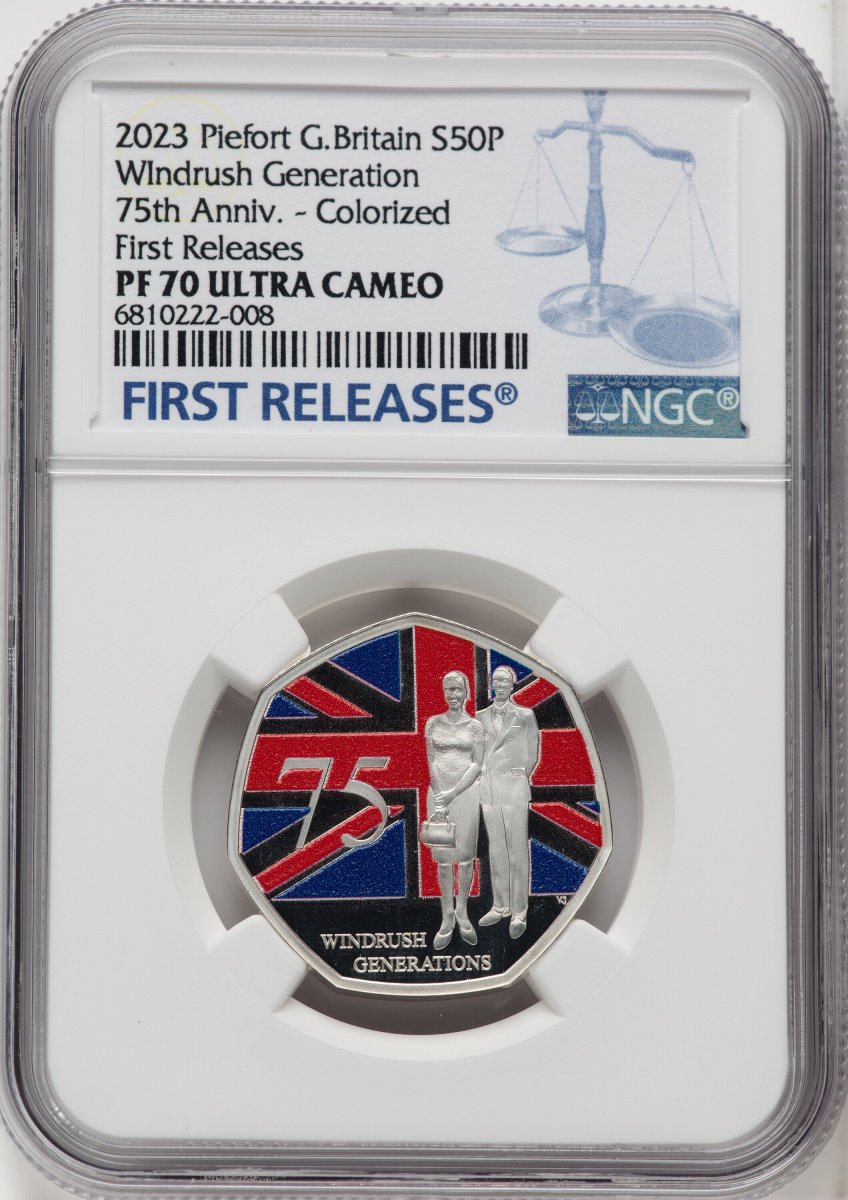 2023 World Coins (Charles III silver Colorized Proof Piefort “Windrush Generation – 75th Anniversary” 50 Pence 2023 PR70  Ultra Cameo NGC,)