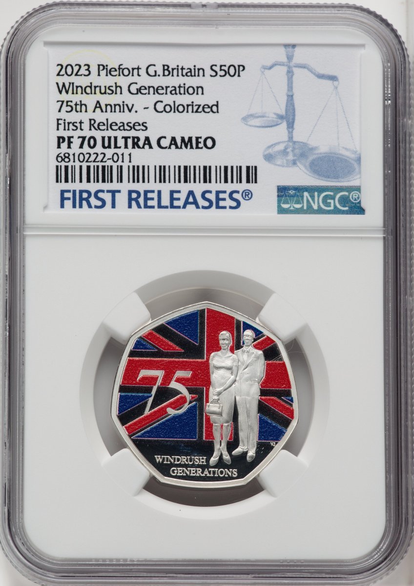 2023 World Coins (Charles III silver Colorized Proof Piefort “Windrush Generation – 75th Anniversary” 50 Pence 2023 PR70  Ultra Cameo NGC,)