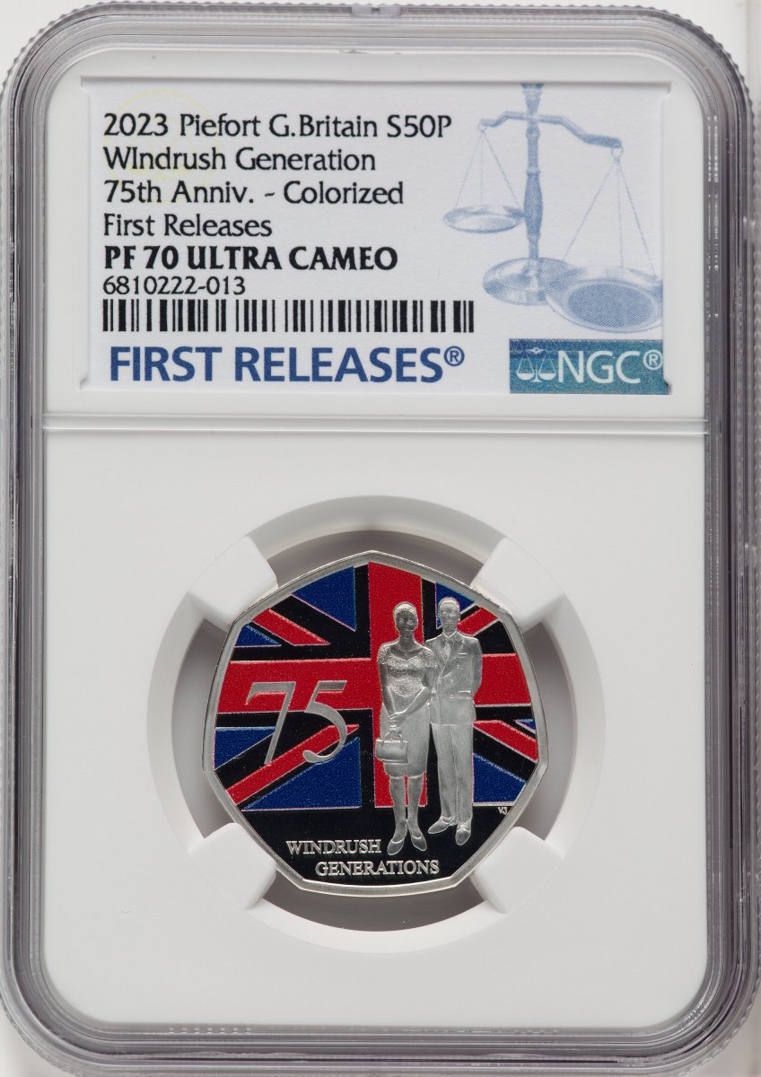 2023 World Coins (Charles III silver Colorized Proof Piefort “Windrush Generation – 75th Anniversary” 50 Pence 2023 PR70  Ultra Cameo NGC,)