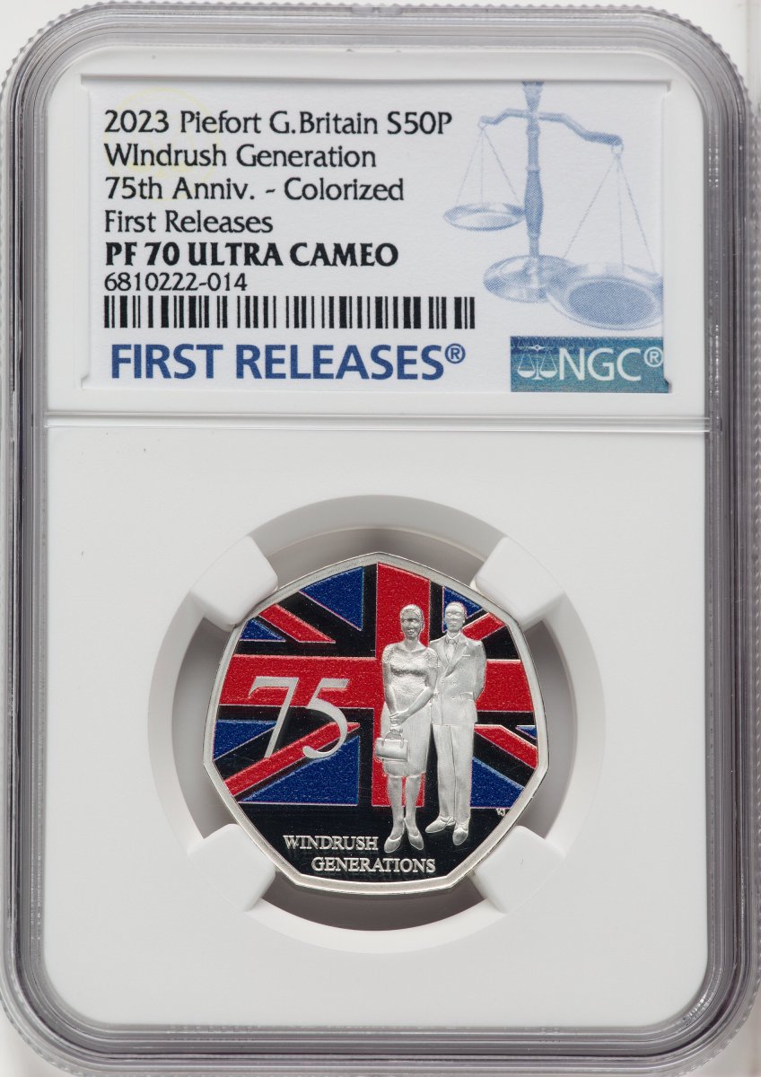 2023 World Coins (Charles III silver Colorized Proof Piefort “Windrush Generation – 75th Anniversary” 50 Pence 2023 PR70  Ultra Cameo NGC,)