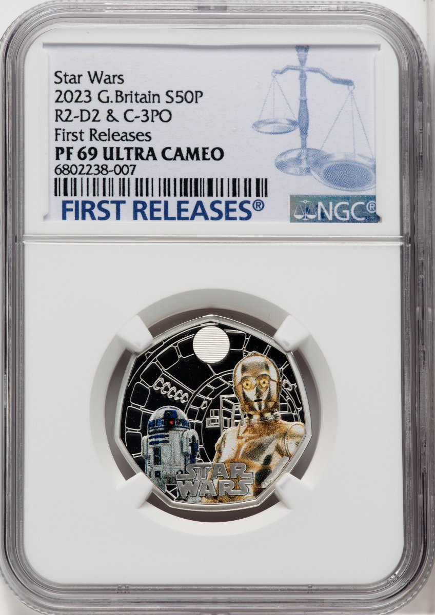 2023 World Coins (Charles III silver Colorized Proof “R2-D2 & C-3PO” 50 Pence 2023 PR69  Ultra Cameo NGC,)