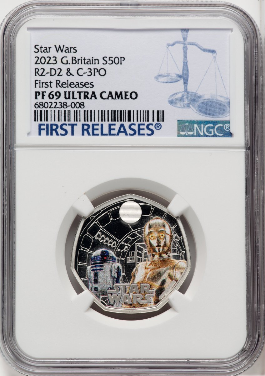 2023 World Coins (Charles III silver Colorized Proof “R2-D2 & C-3PO” 50 Pence 2023 PR69  Ultra Cameo NGC,)