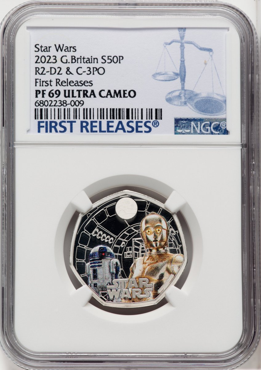 2023 World Coins (Charles III silver Colorized Proof “R2-D2 & C-3PO” 50 Pence 2023 PR69  Ultra Cameo NGC,)