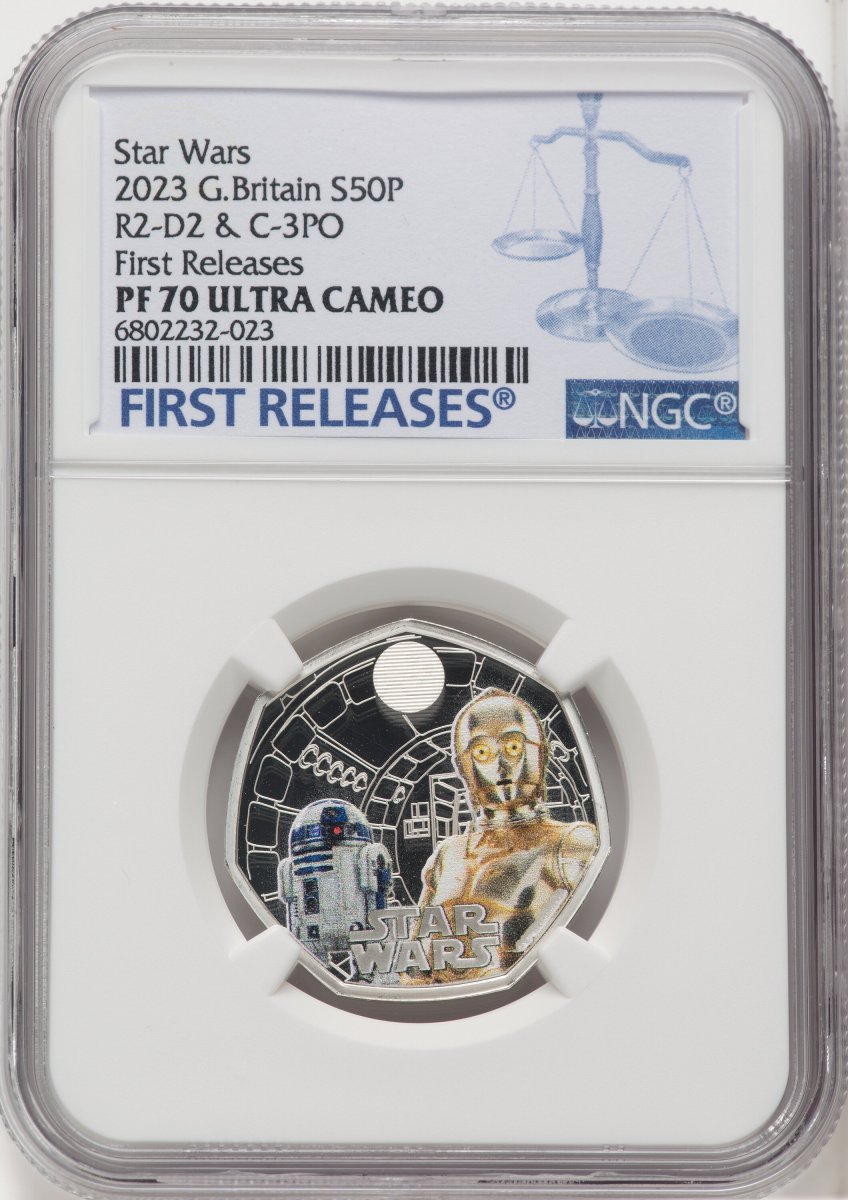 2023 World Coins (Charles III silver Colorized Proof “R2-D2 & C-3PO” 50 Pence 2023 PR70  Ultra Cameo NGC,)