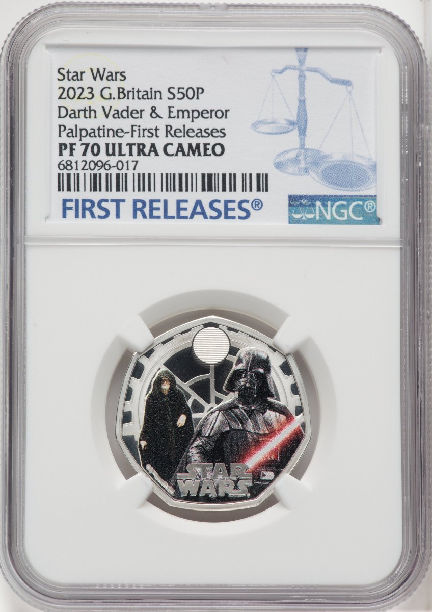 2023 World Coins (Charles III silver Colorized Proof “Darth Vader & Emperor Palpatine” 50 Pence 2023 PR70  Ultra Cameo NGC,)