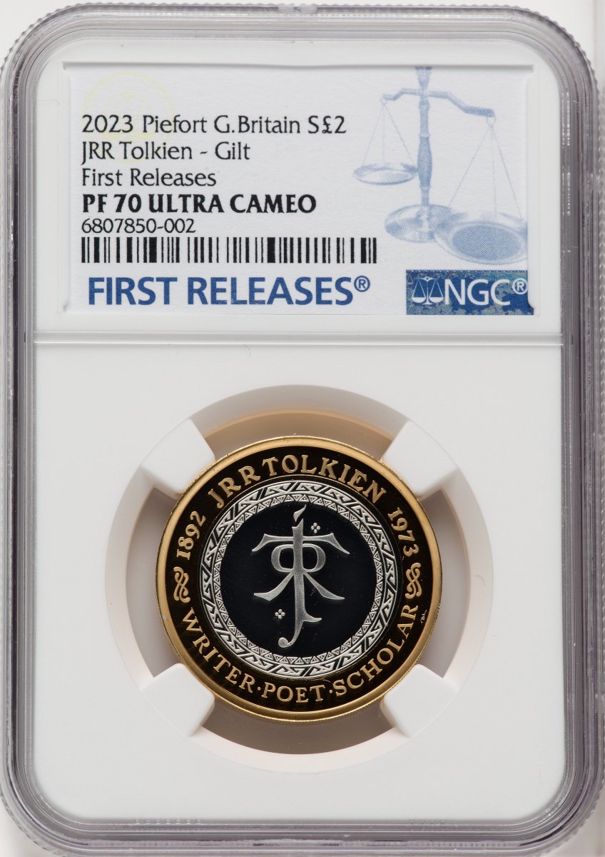 2023 World Coins (Charles III gilt-silver Proof Piefort “JRR Tolkien – 50th Anniversary of Death” 2 Pounds 2023 PR70  Ultra Cameo NGC,)