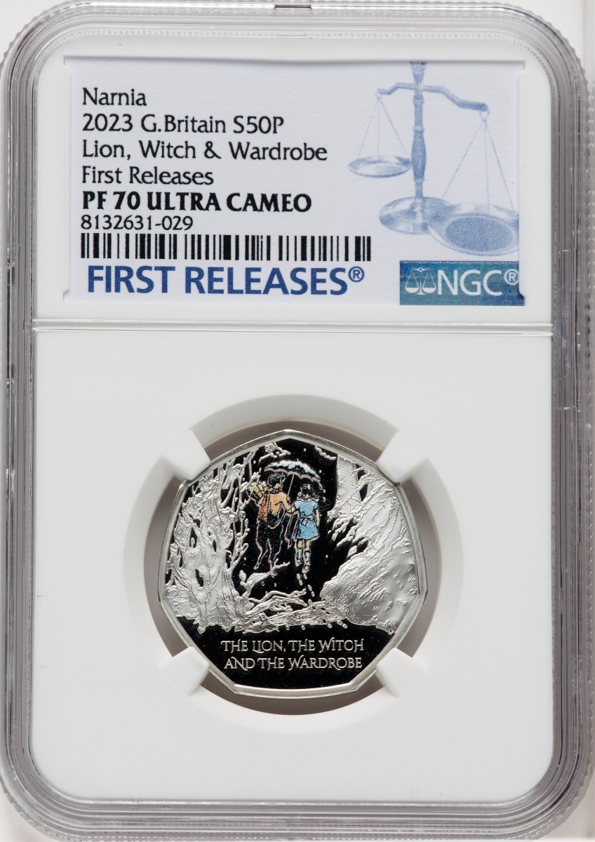 2023 World Coins (Charles III silver Colorized Proof “Lion, Witch & Wardrobe” 50 Pence 2023 PR70  Ultra Cameo NGC,)