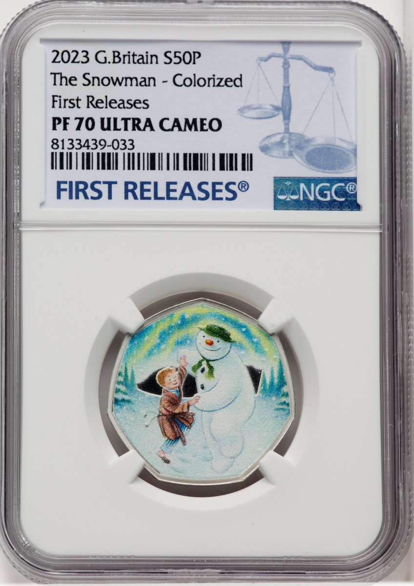 2023 World Coins (Charles III silver Colorized Proof “The Snowman” 50 Pence 2023 PR70  Ultra Cameo NGC,)