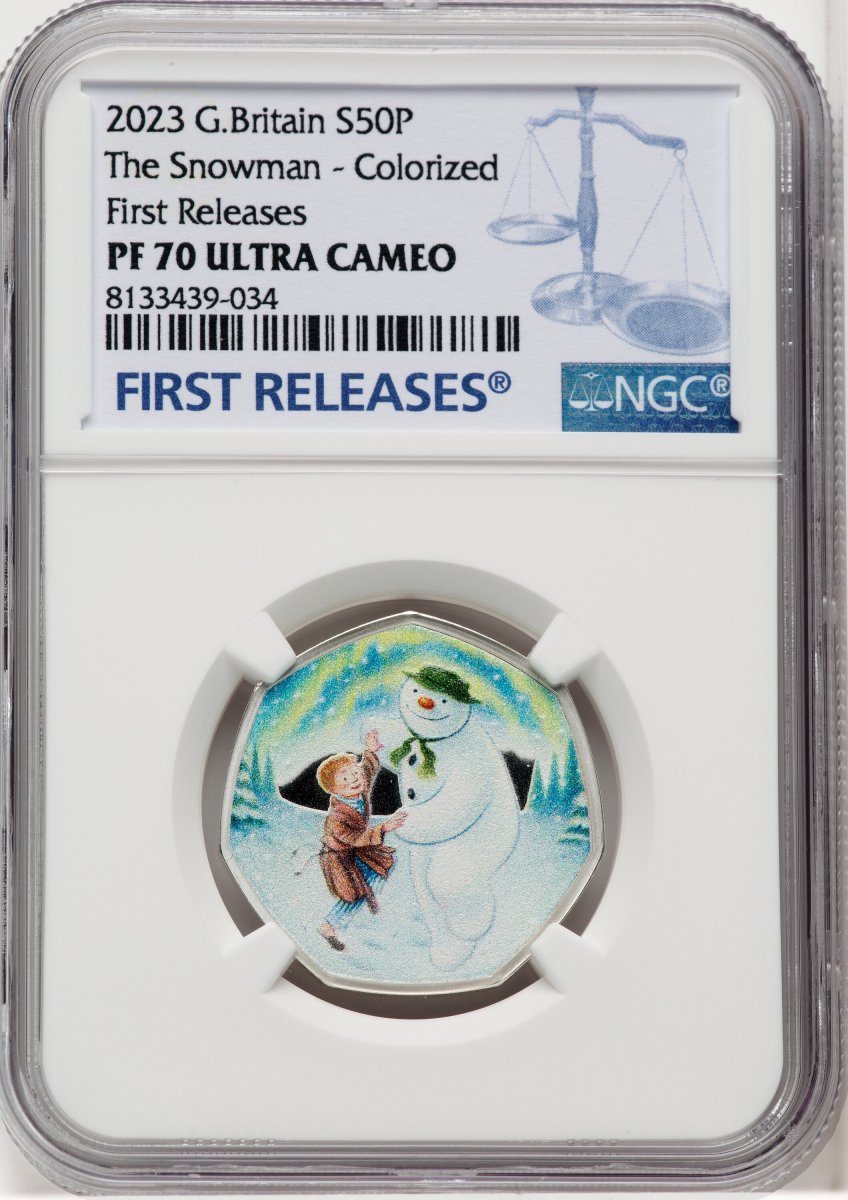 2023 World Coins (Charles III silver Colorized Proof “The Snowman” 50 Pence 2023 PR70  Ultra Cameo NGC,)