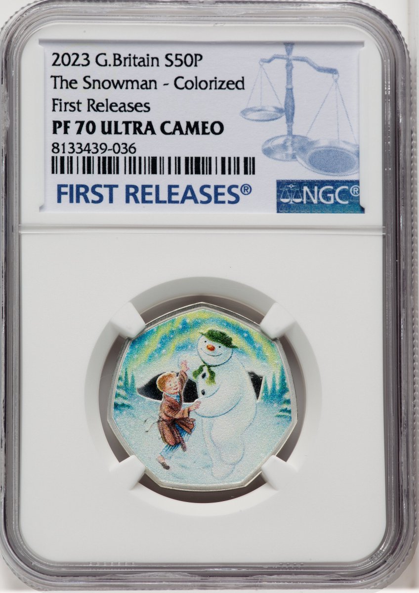 2023 World Coins (Charles III silver Colorized Proof “The Snowman” 50 Pence 2023 PR70  Ultra Cameo NGC,)