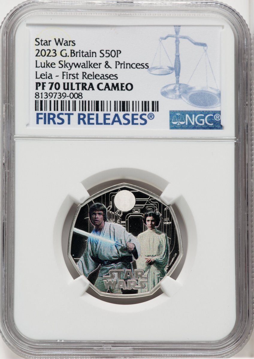 2023 World Coins (Charles III silver Colorized Proof “Luke Skywalker & Princess Leia” 50 Pence 2023 PR70  Ultra Cameo NGC,)