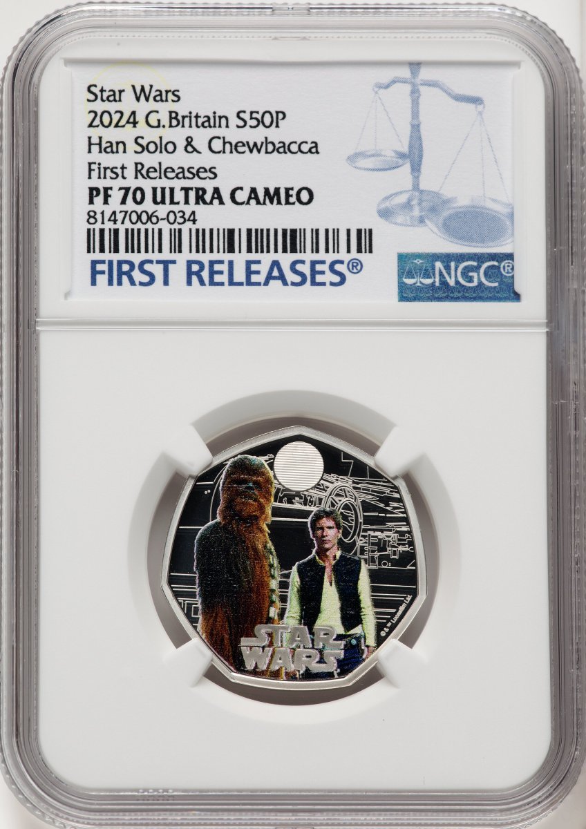 2024 World Coins (Charles III silver Colorized Proof “Han Solo & Chewbacca” 50 Pence 2024 PR70  Ultra Cameo NGC,)