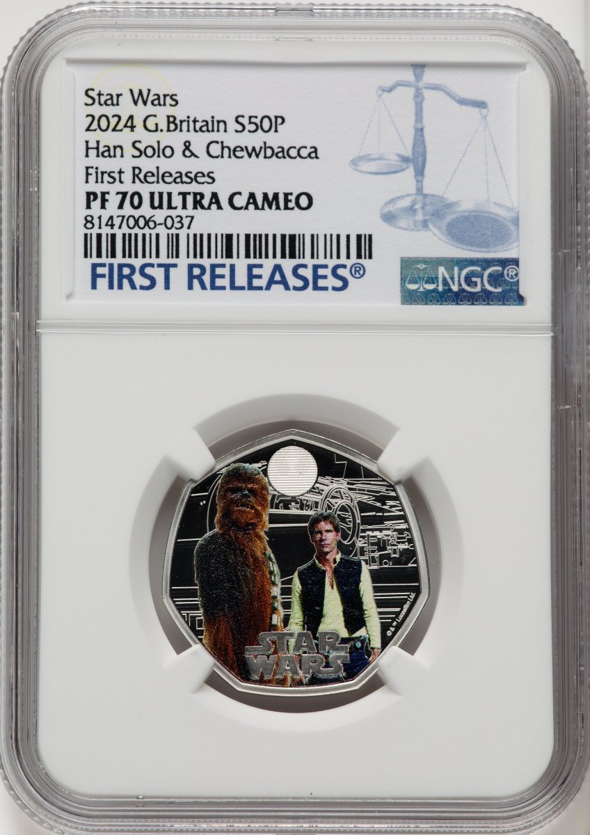 2024 World Coins (Charles III silver Colorized Proof “Han Solo & Chewbacca” 50 Pence 2024 PR70  Ultra Cameo NGC,)
