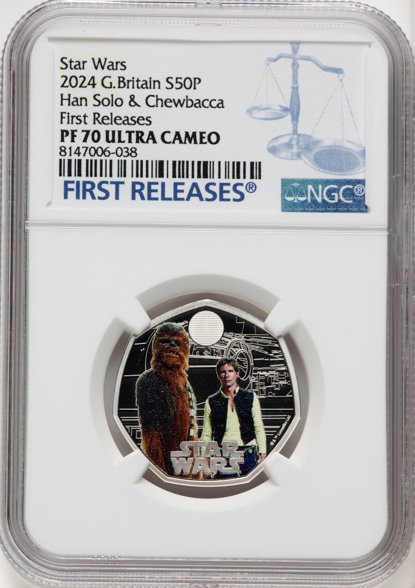 2024 World Coins (Charles III silver Colorized Proof “Han Solo & Chewbacca” 50 Pence 2024 PR70  Ultra Cameo NGC,)