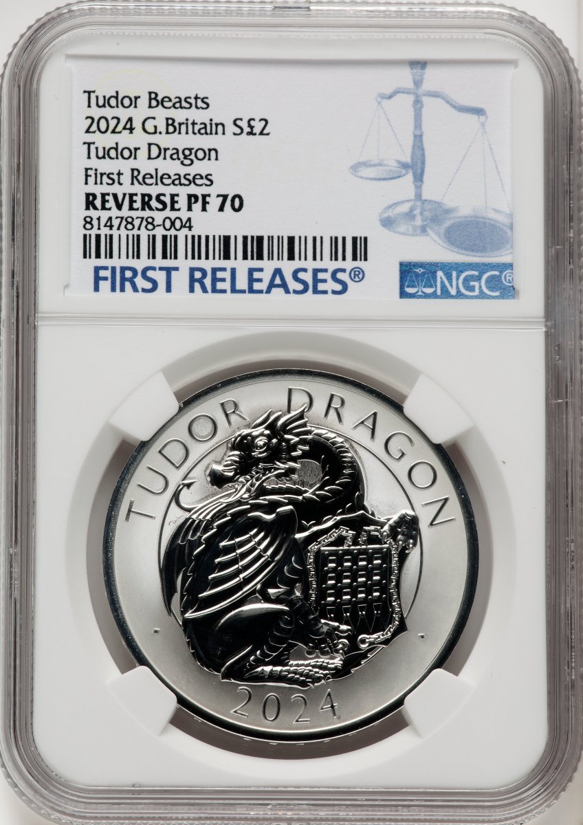 2024 World Coins (Charles III silver Reverse Proof "Tudor Dragon" 2 Pounds (1 oz) 2024 MS70 NGC,)