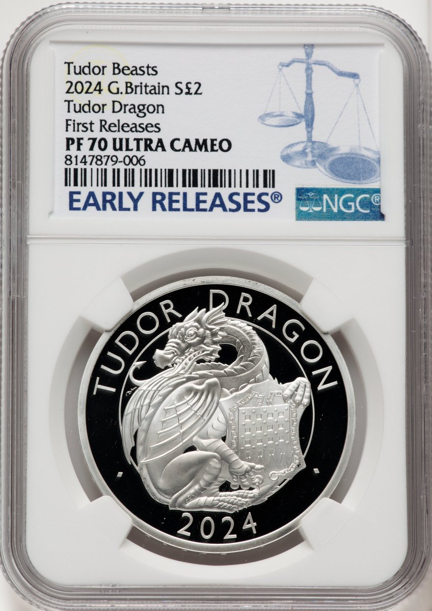 2024 World Coins (Charles III silver Reverse Proof "Tudor Dragon" 2 Pounds (1 oz) 2024 MS70 NGC,)