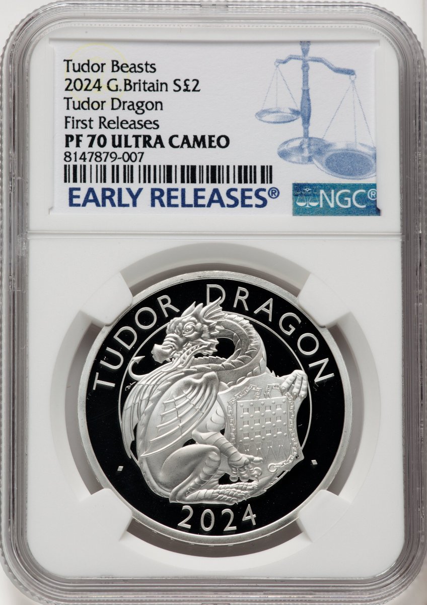 2024 World Coins (Charles III silver Reverse Proof "Tudor Dragon" 2 Pounds (1 oz) 2024 MS70 NGC,)