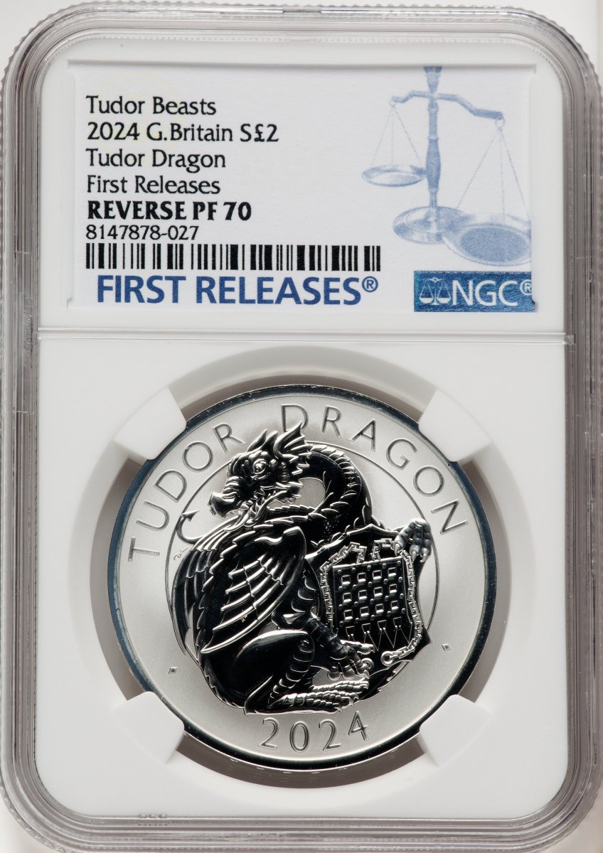 2024 World Coins (Charles III silver Reverse Proof "Tudor Dragon" 2 Pounds (1 oz) 2024 MS70 NGC,)