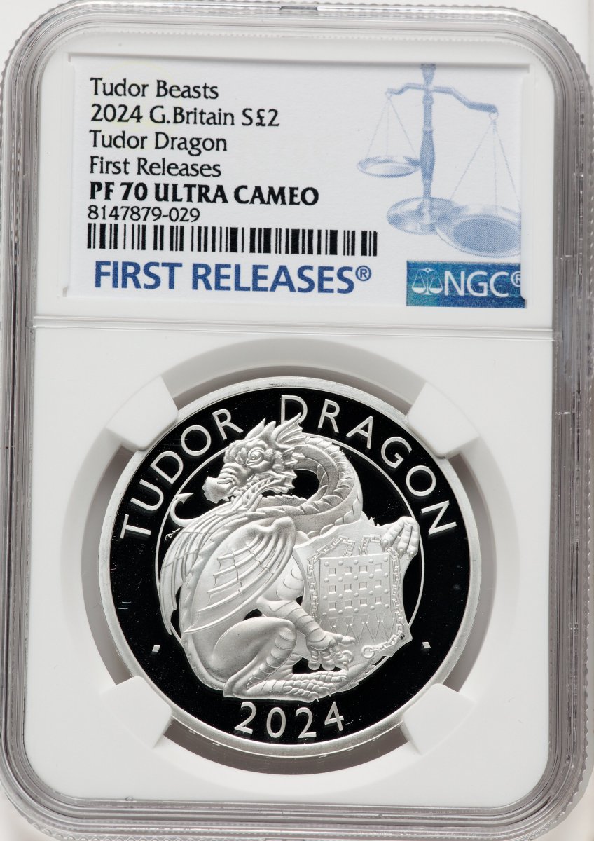 2024 World Coins (Charles III silver Reverse Proof "Tudor Dragon" 2 Pounds (1 oz) 2024 MS70 NGC,)