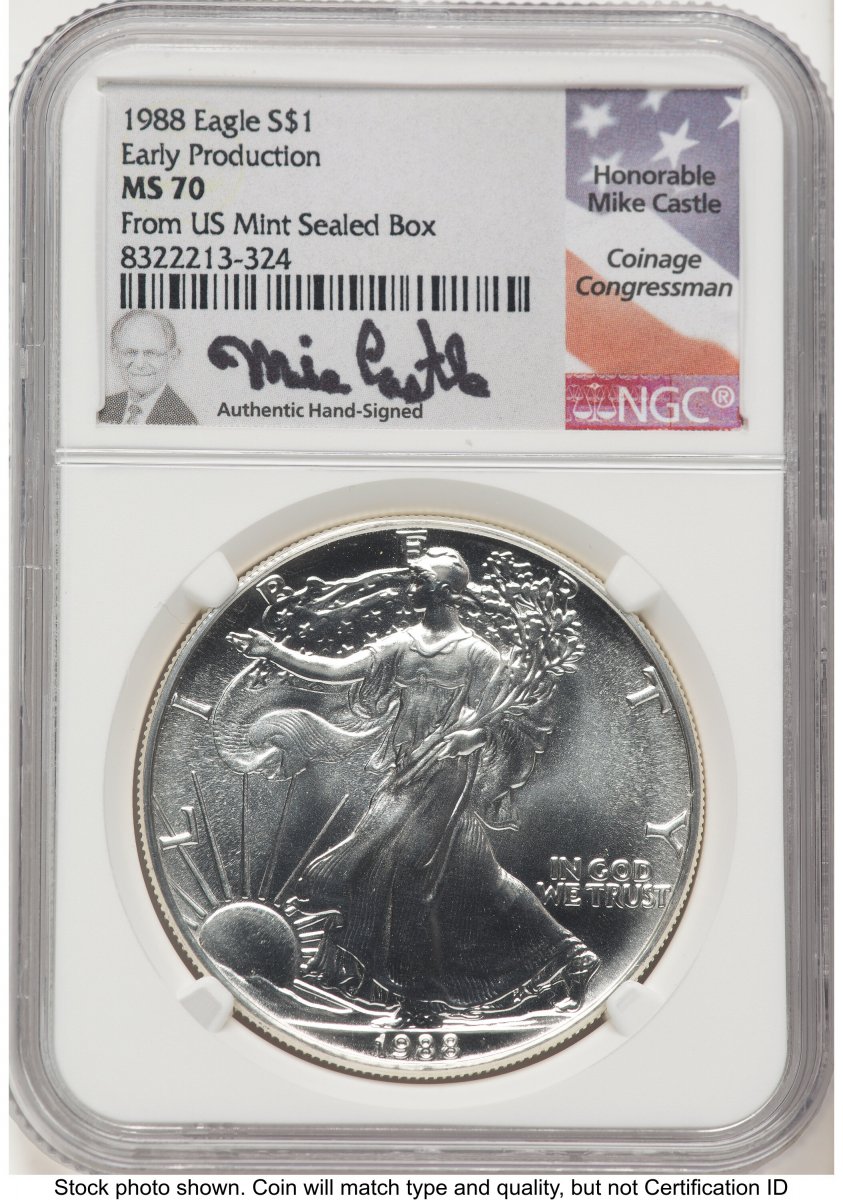 1988 Modern Bullion Coins (1988 Silver Eagle Early Production Mike Castle From US Mint Sealed Box)