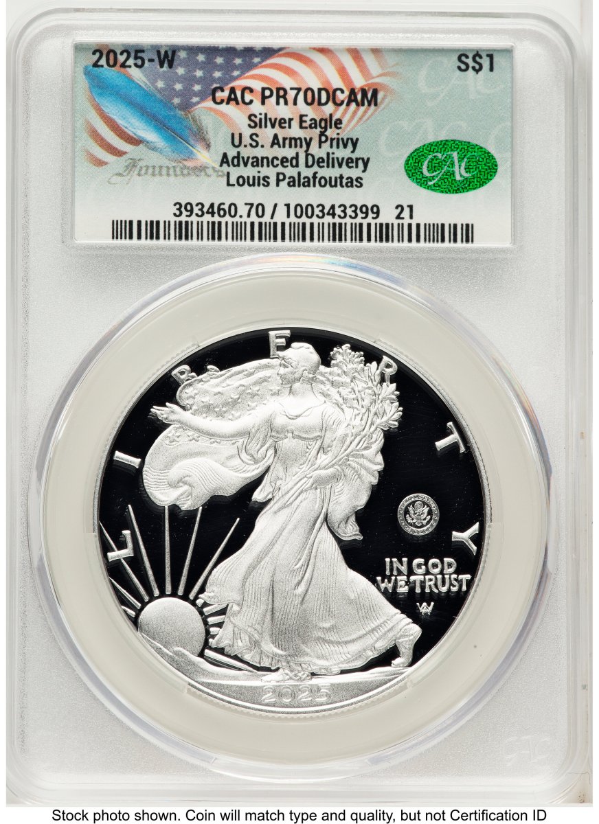 2025-W Modern Bullion Coins (2025-W Proof Silver Eagle Privy U.S. Army 250th Anniversary 1 oz Advanced Delivery Louis Palafoutas)