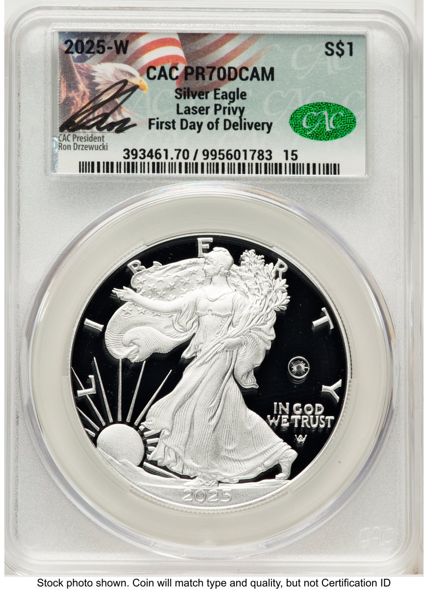 2025-W Modern Bullion Coins (2025-W Proof Silver Eagle Privy Laser Engraved 1 oz First Day of Delivery Ron Drzewuki)