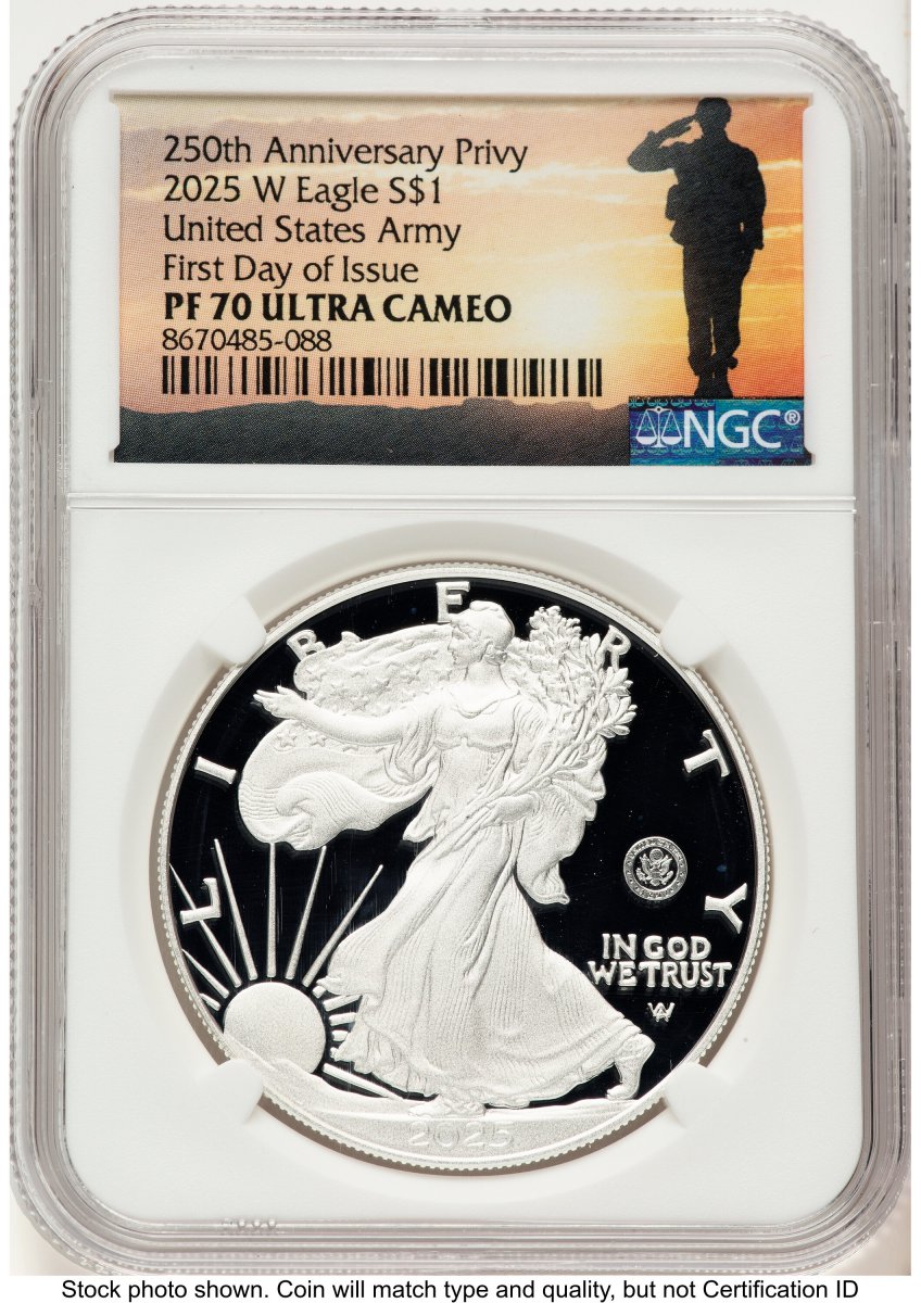2025-W Modern Bullion Coins (2025-W Proof Silver Eagle Privy U.S. Army 250th Anniversary 1 oz FDI Military Honor Orange)