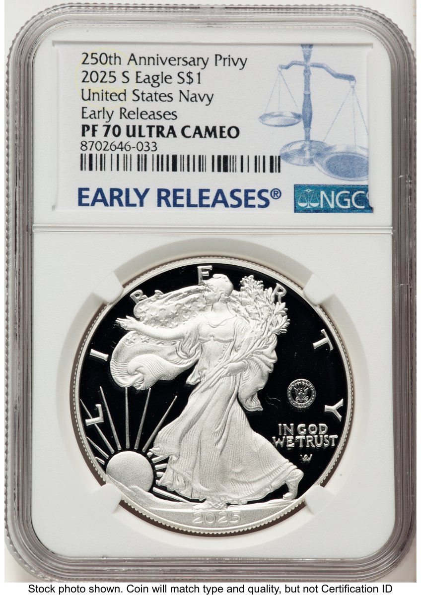 2025-S Modern Bullion Coins (2025-S Proof Silver Eagle Privy U.S. Navy 250th Anniversary 1 oz ER Blue)