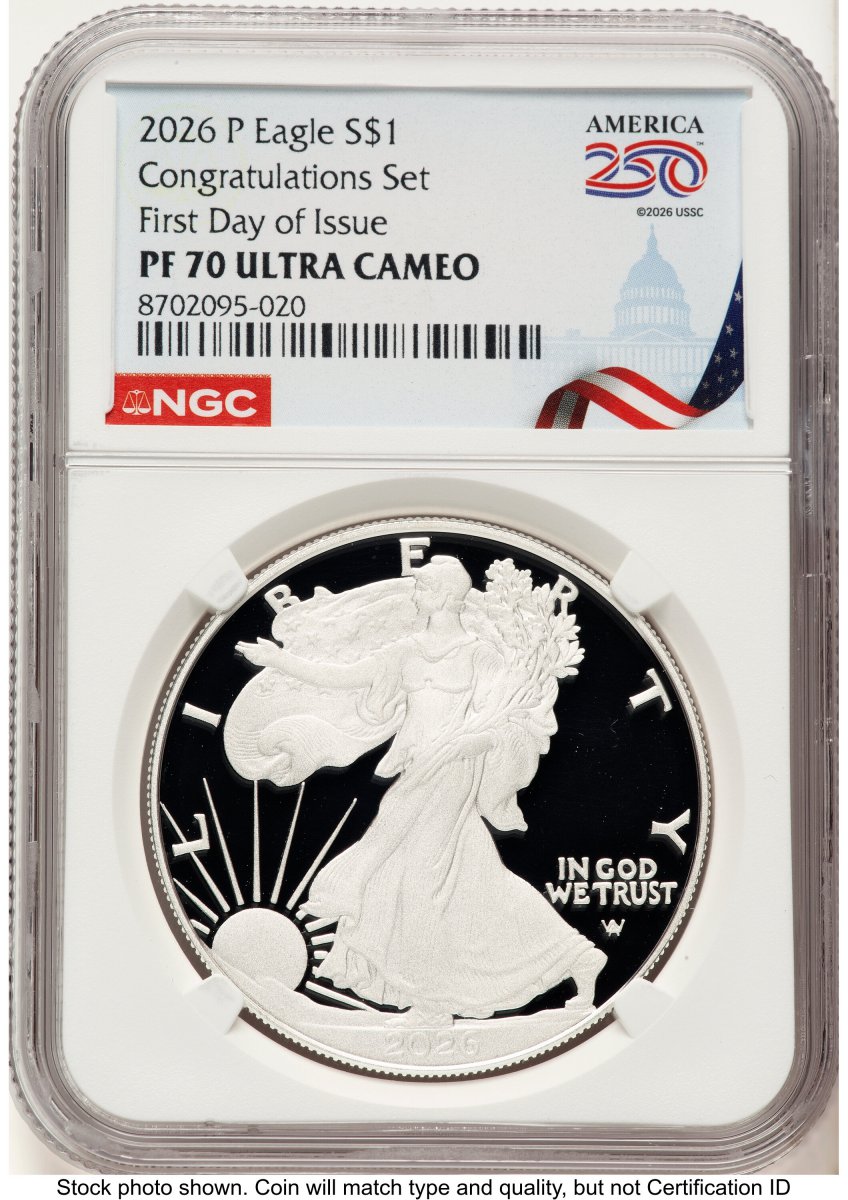 2026-P Modern Bullion Coins (2026-P Proof Silver Eagle Congratulations Set 1 oz FDI America 250 Congress Building Label)