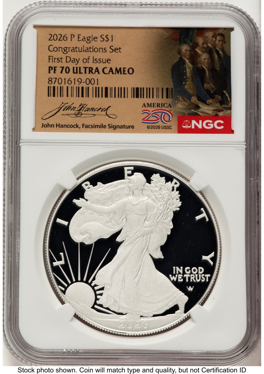 2026-P Modern Bullion Coins (2026-P Proof Silver Eagle Congratulations Set 1 oz FDI America 250 John Hancock Label)