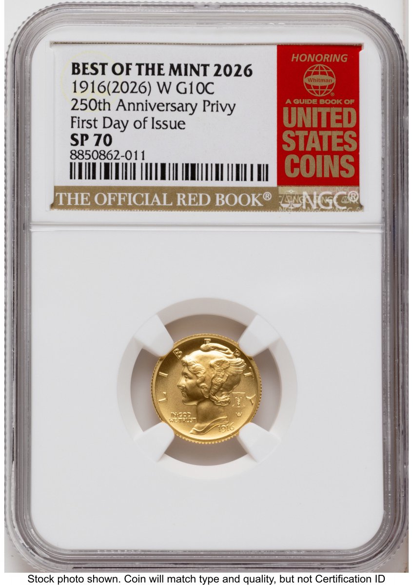 Modern Bullion Coins (2026-W Best of the Mint 1916 Mercury Dime Gold 1/10 oz FDI Red Book)