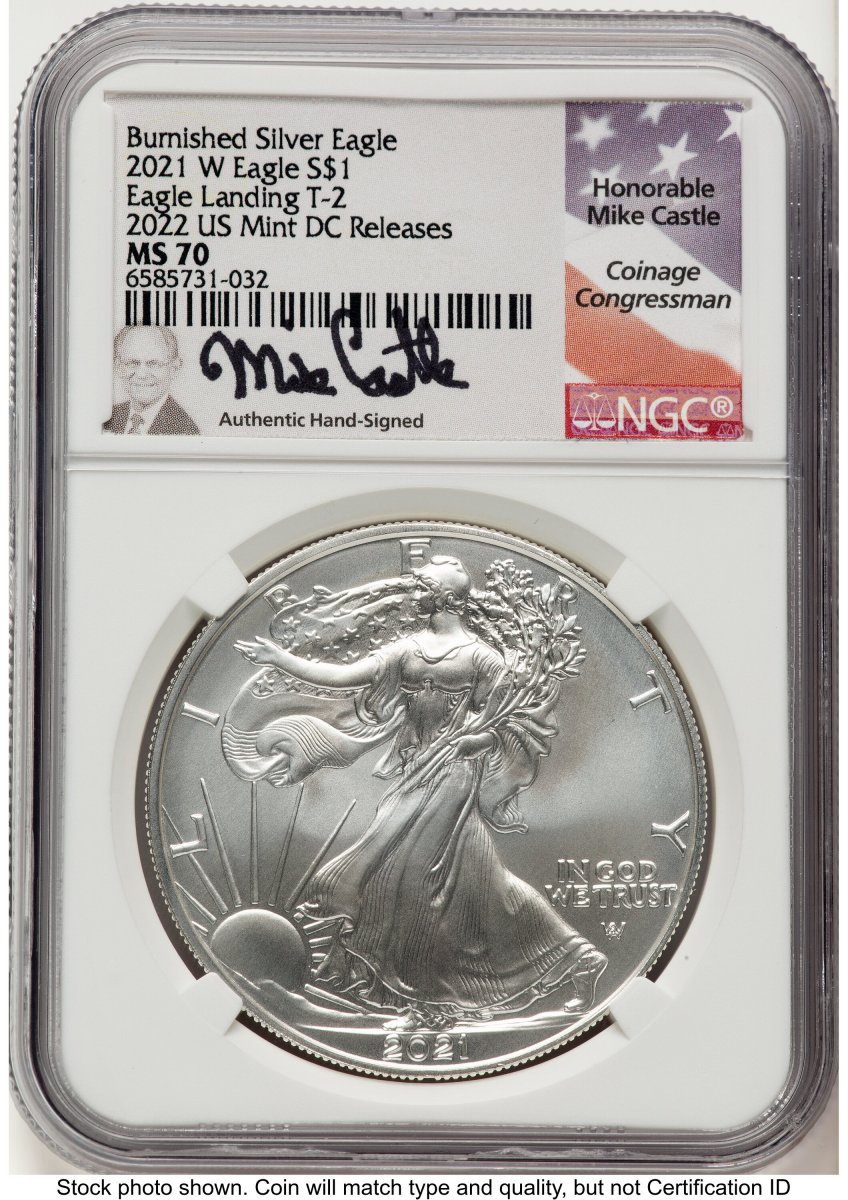 2021-W Modern Bullion Coins (2021-W TY2 Burnished Silver Eagle 1 oz 2022 US Mint DC Releases Mike Castle)