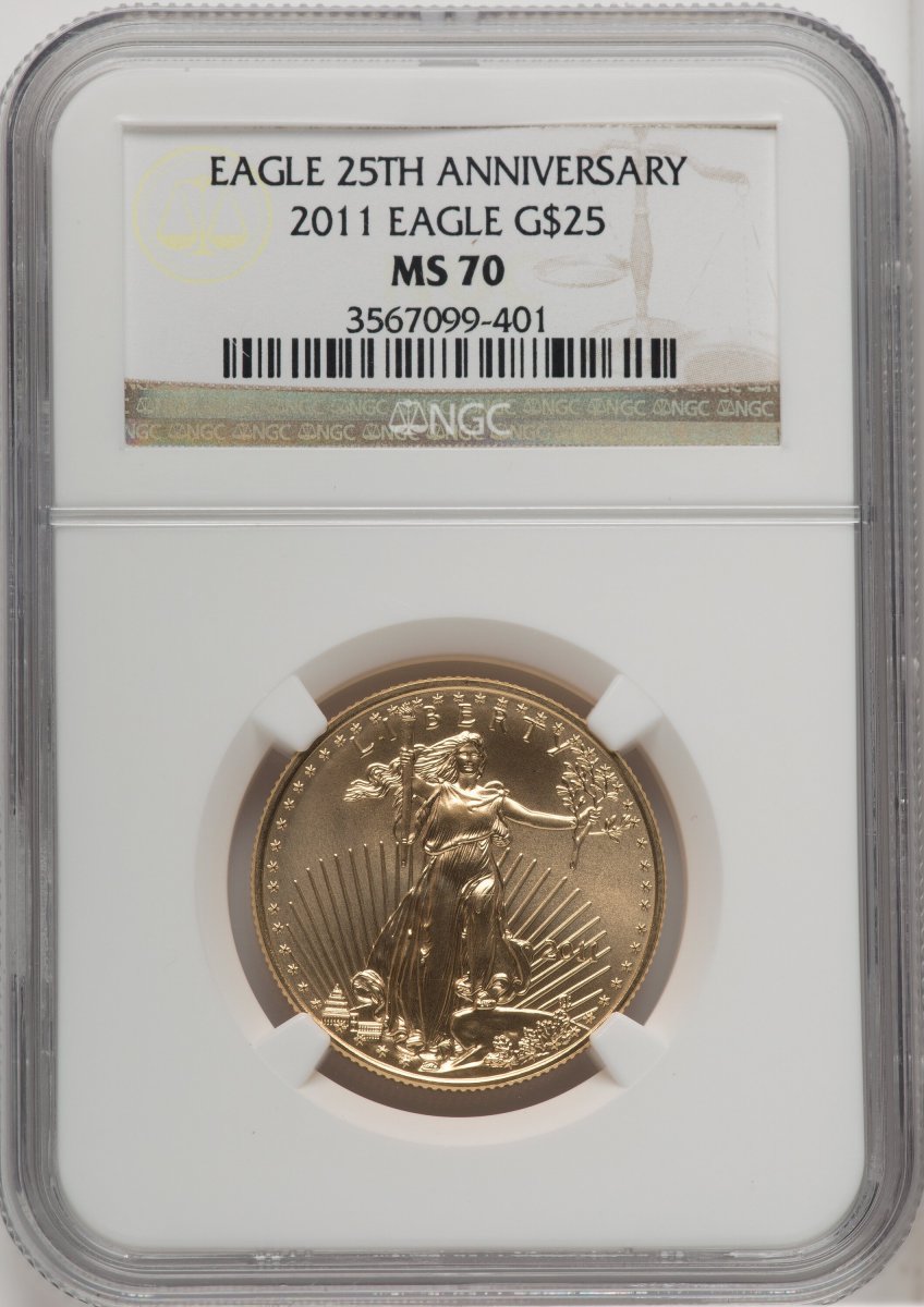 2011 Modern Bullion Coins (2011 G$25, Half-Ounce Gold Eagle, 25th Anniversary, First Strike, MS Brown Label)