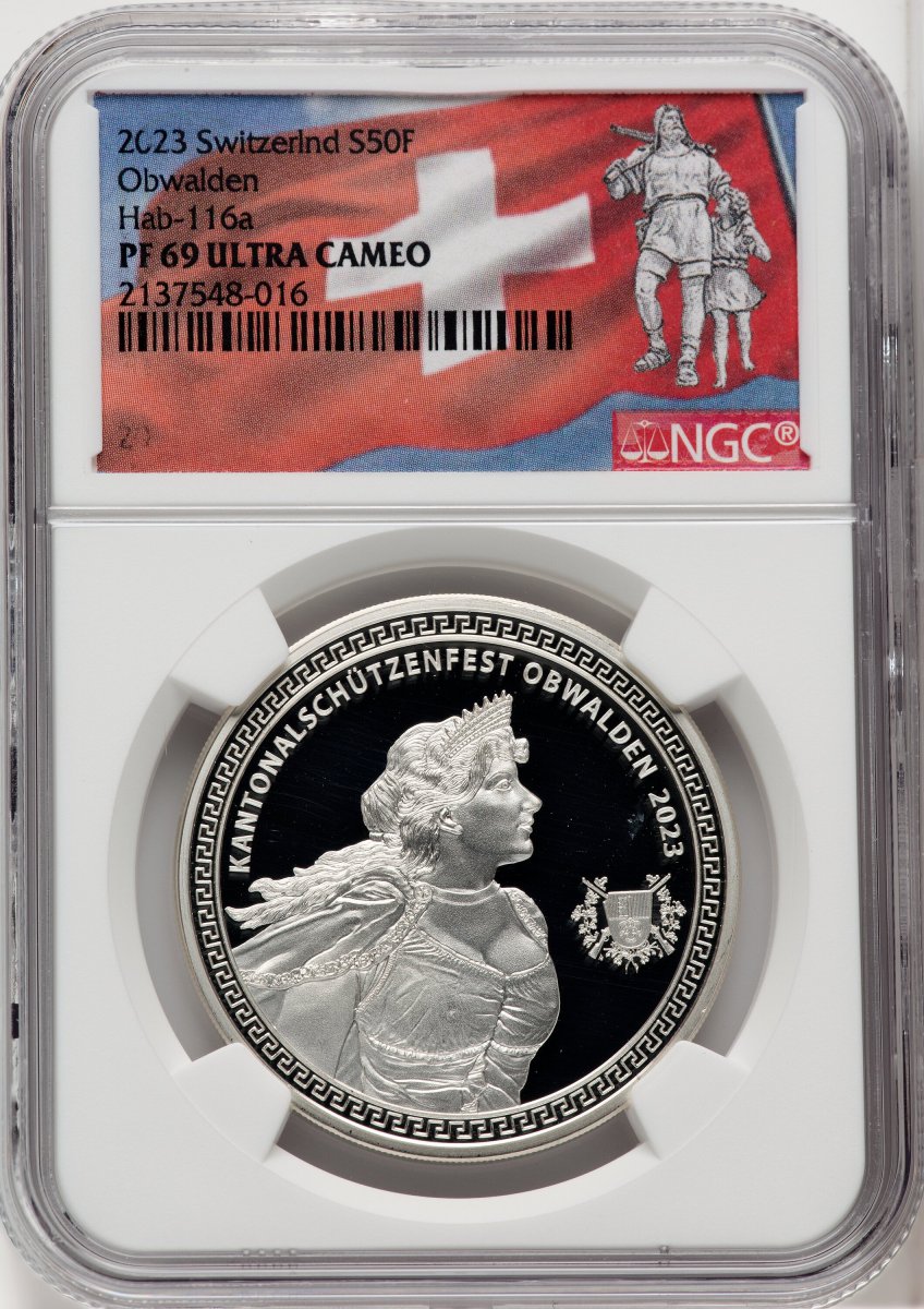 2023 World Coins (Confederation silver Proof “Obwalden Shooting Festival” 50 Francs 2023 PR69 Ultra Cameo NGC.)