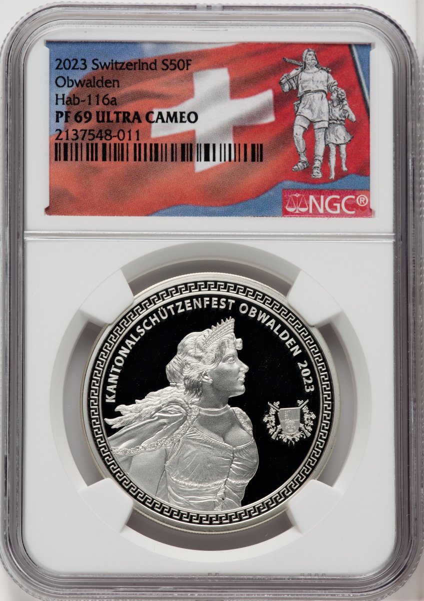 2023 World Coins (Confederation silver Proof “Obwalden Shooting Festival” 50 Francs 2023 PR69 Ultra Cameo NGC.)
