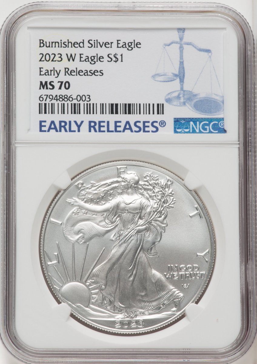 2023-W Modern Bullion Coins (2023-W S$1 Silver Eagle, Burnished, First Strike, SP ER Blue)