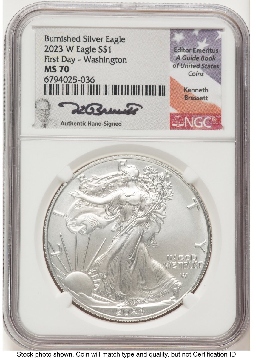 2023-W Modern Bullion Coins (2023-W Burnished Silver Eagle 1 oz FDI Kenneth Bressett Portrait Washington DC)