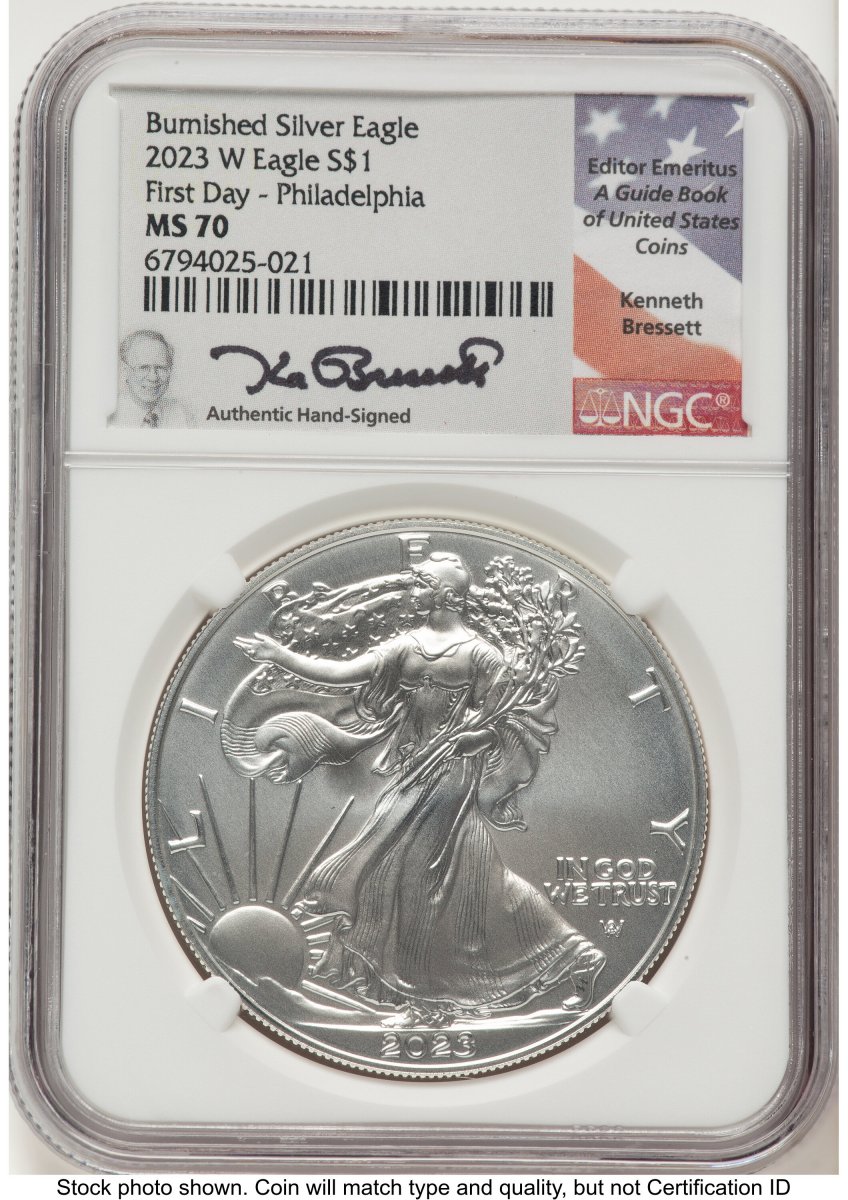 2023-W Modern Bullion Coins (2023-W Burnished Silver Eagle 1 oz FDI Kenneth Bressett Portrait Philadelphia)