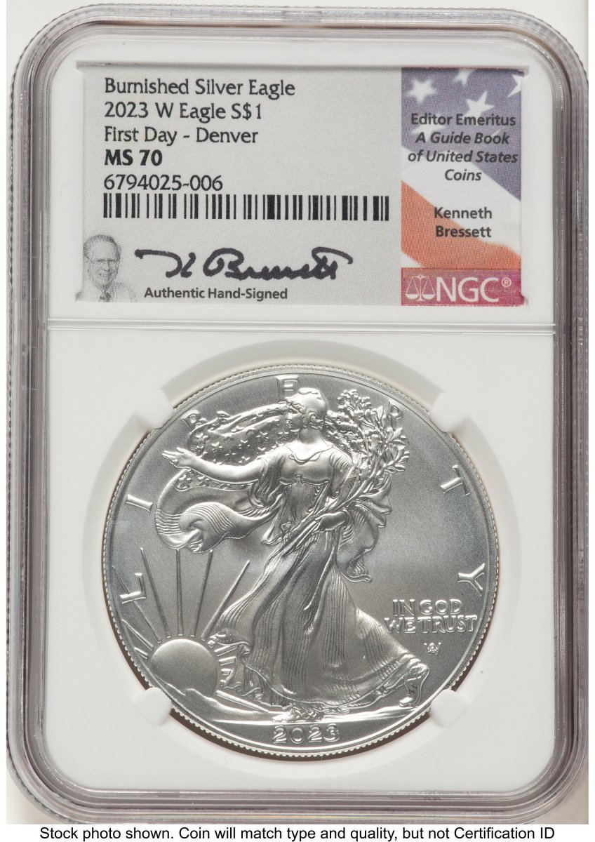 2023-W Modern Bullion Coins (2023-W Burnished Silver Eagle 1 oz FDI Kenneth Bressett Portrait Denver)