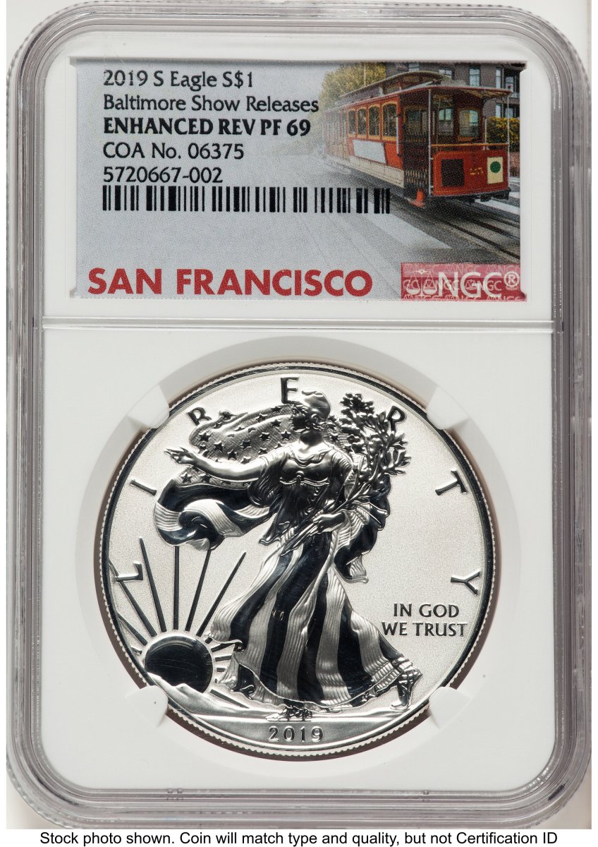 2019-S Modern Bullion Coins (2019-S Enhanced Reverse Proof Silver Eagle 1 oz Baltimore Show Releases Trolley Label)