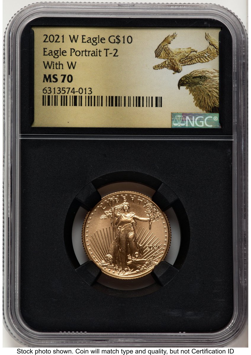2021-W Modern Bullion Coins (2021-W TY2 Gold Eagle 1/4 oz Unfinished Proof Dies Gold Flying Eagle Blk Core)