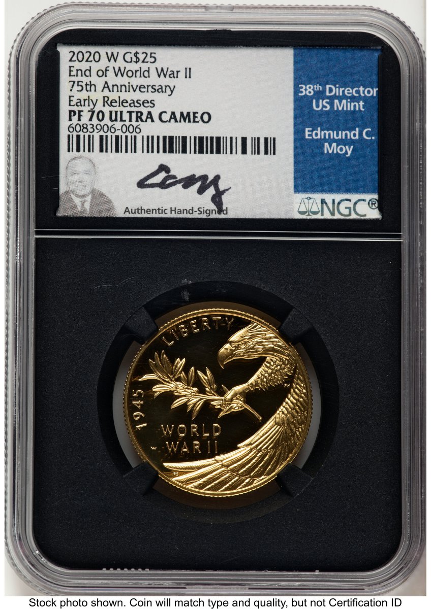 2020-W Modern Bullion Coins (2020-W 1/2 oz Proof Gold End of World War II 75th Anniversary ER Ed Moy Blk Core)