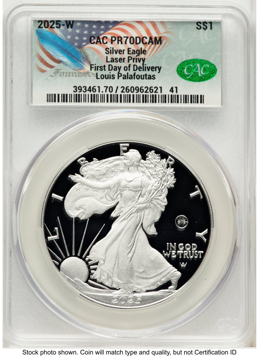 2025-W Modern Bullion Coins (2025-W Proof Silver Eagle Privy Laser Engraved 1 oz First Day of Delivery Louis Palafoutas)