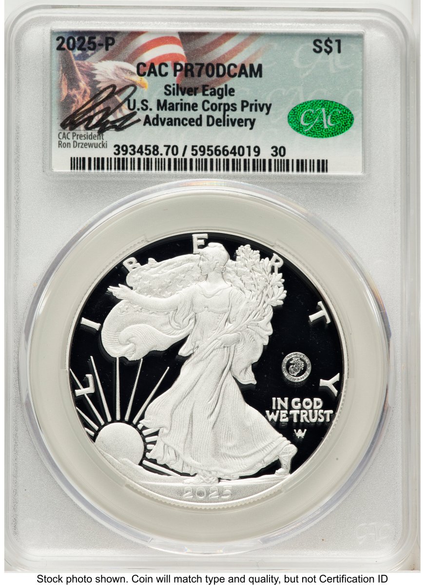 2025-W Modern Bullion Coins (2025-P Proof Silver Eagle Privy U.S. Marine Corps 250th Anniversary 1 oz Advanced Delivery Ron Drzewucki)