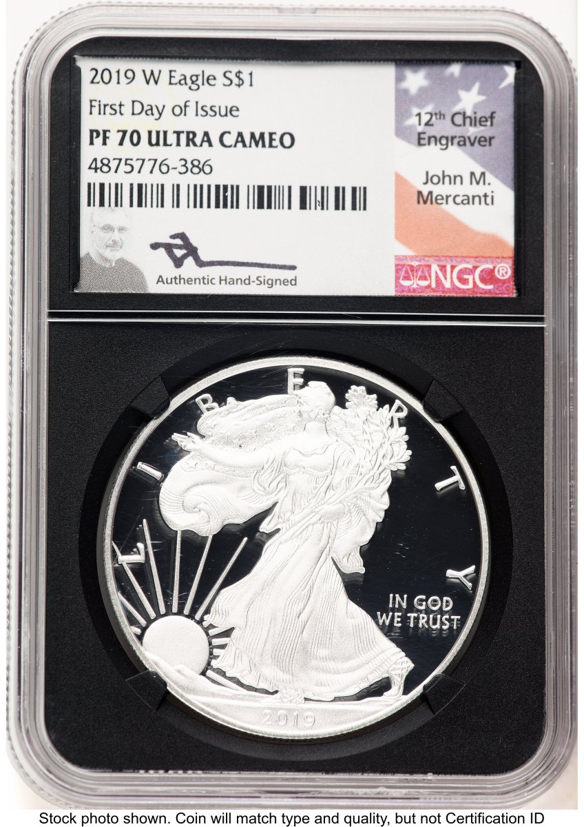 2019-W Modern Bullion Coins (2019-W Proof Silver Eagle 1 oz FDI John Mercanti Blk Core)