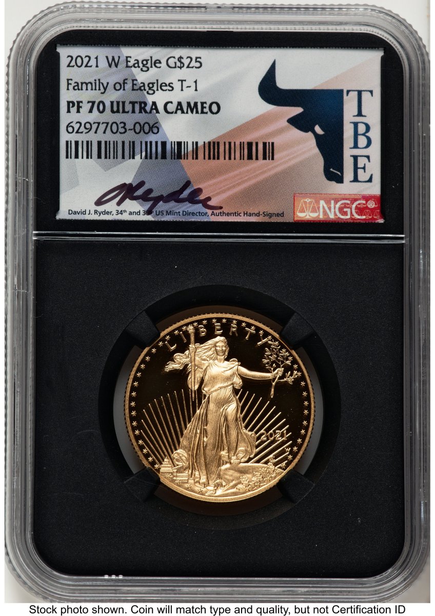 2021-W Modern Bullion Coins (2021-W Type 1 Proof Gold Eagle 1/2 oz David J Ryder TBE Label Blk Core)